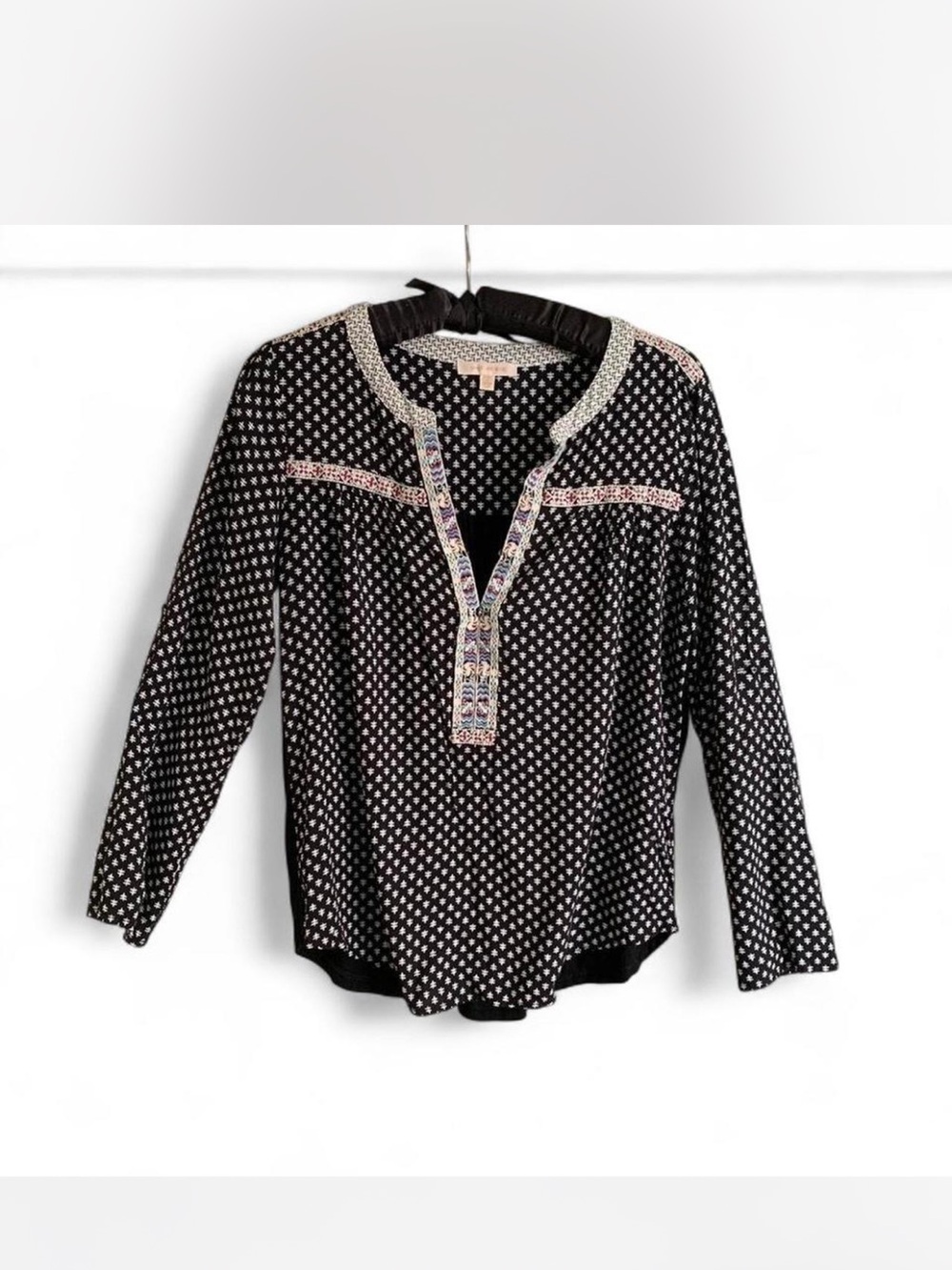 Boho Skies Are Blue Black Printed Long-Sleeve Blouse with Embroidered Trim